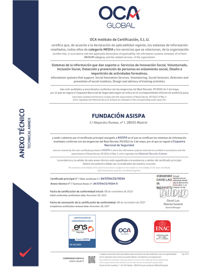 OCA Instituto de Certificación, S.L.U. iso 45001 Fundacion ASISPA